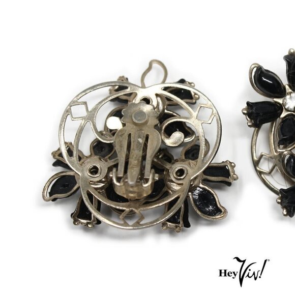 Vintage Black Flower Plastic Clip On Earrings Wire Twirl Base 1.5" - Hey Viv - Picture 2 of 4